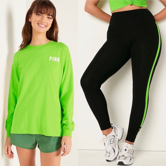 VS Pink 2-Piece Green Bloom Long Sleeve Tee & Cotton High
Waist Legging rare - Picture 1 of 8
